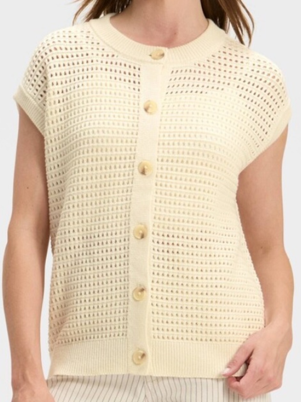 OPEN KNIT COTTON NEUTRAL BUTTON DOWN SLEEVELESS VEST IVORY CREAM SIZES L XXL NWT